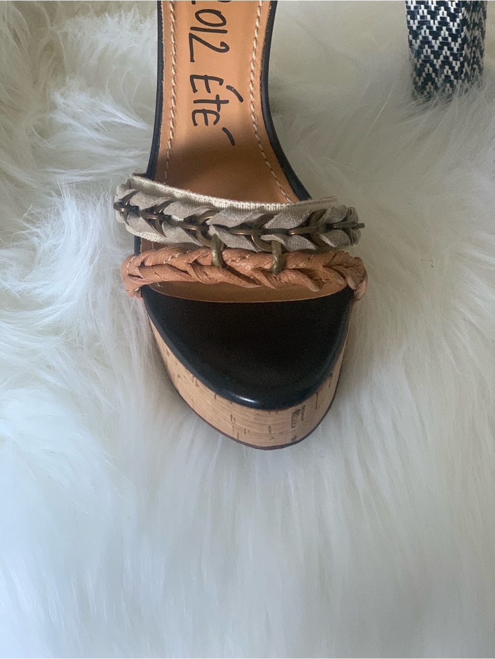 Lanvin Black, Tan & Cream Braided Cork Platform Sandals - Picture 3 of 12